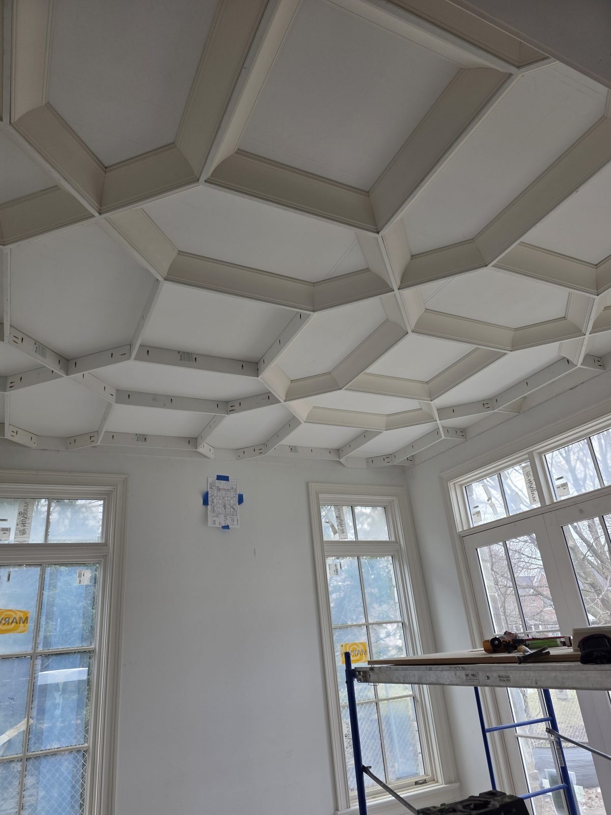Painted octagonal coffered ceiling with layered moulding